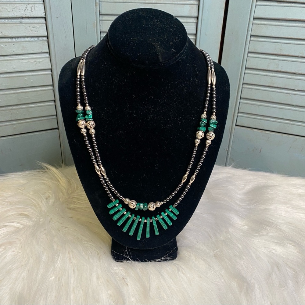 Vintage Malachite Hematite & Silver Double Strand Necklace With Barrel Clasp